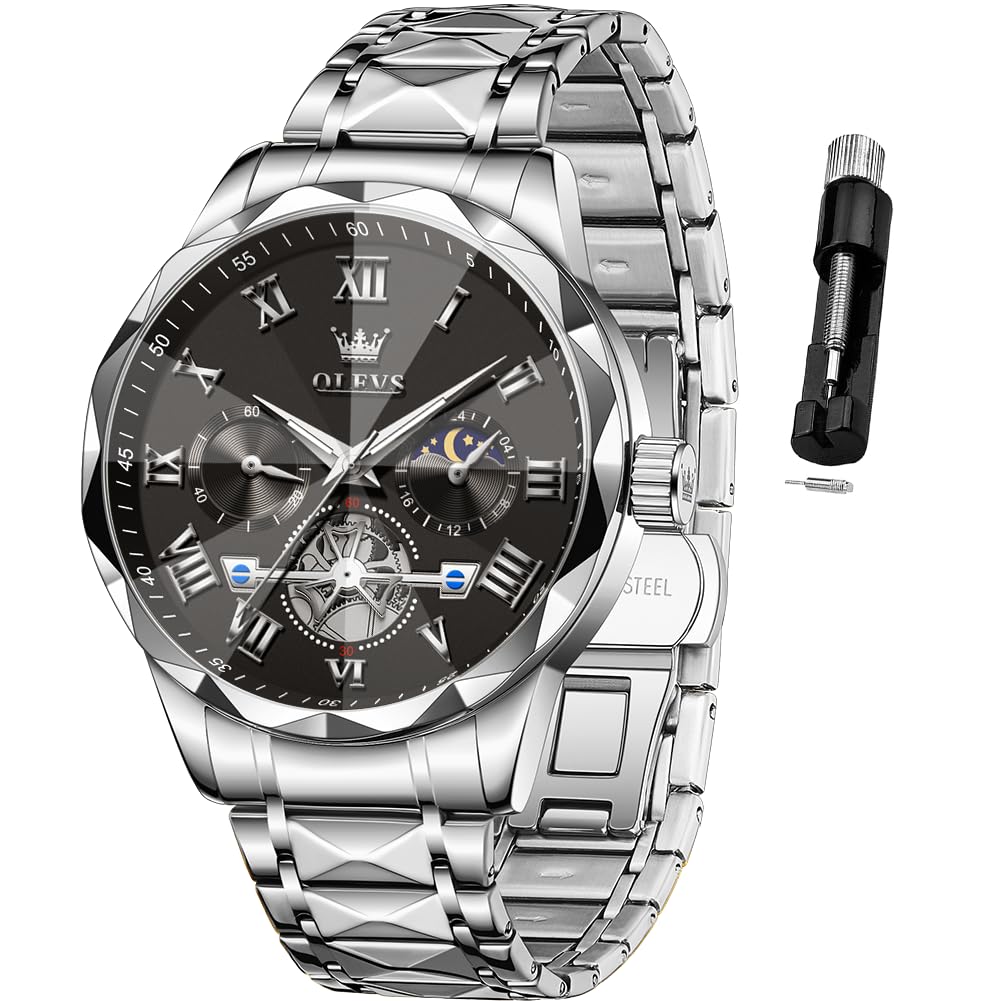 OLEVS Mens Wrist Watch Easy Read Analog Quartz Date Silver Casual Stainless Stee
