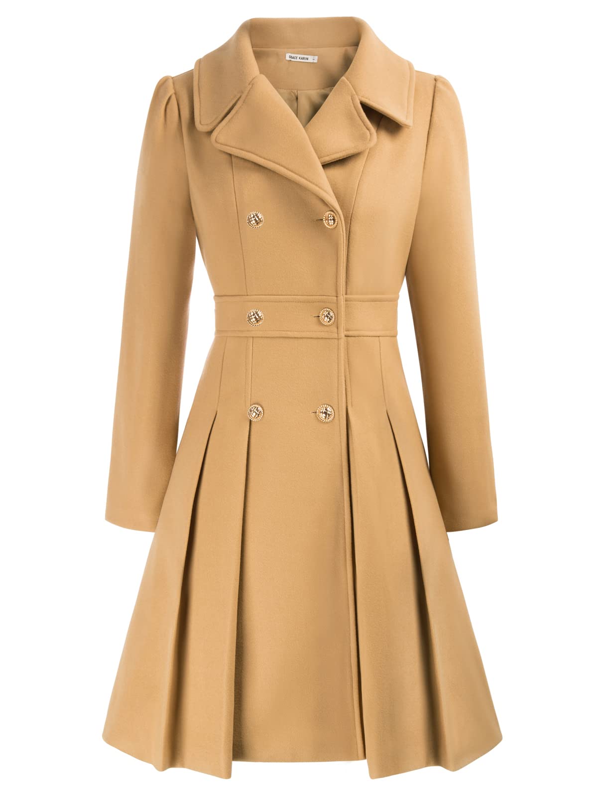 GRACE KARIN Womens Trench Coat Notch Lapel Double Breasted Thick A Line Wool Pea