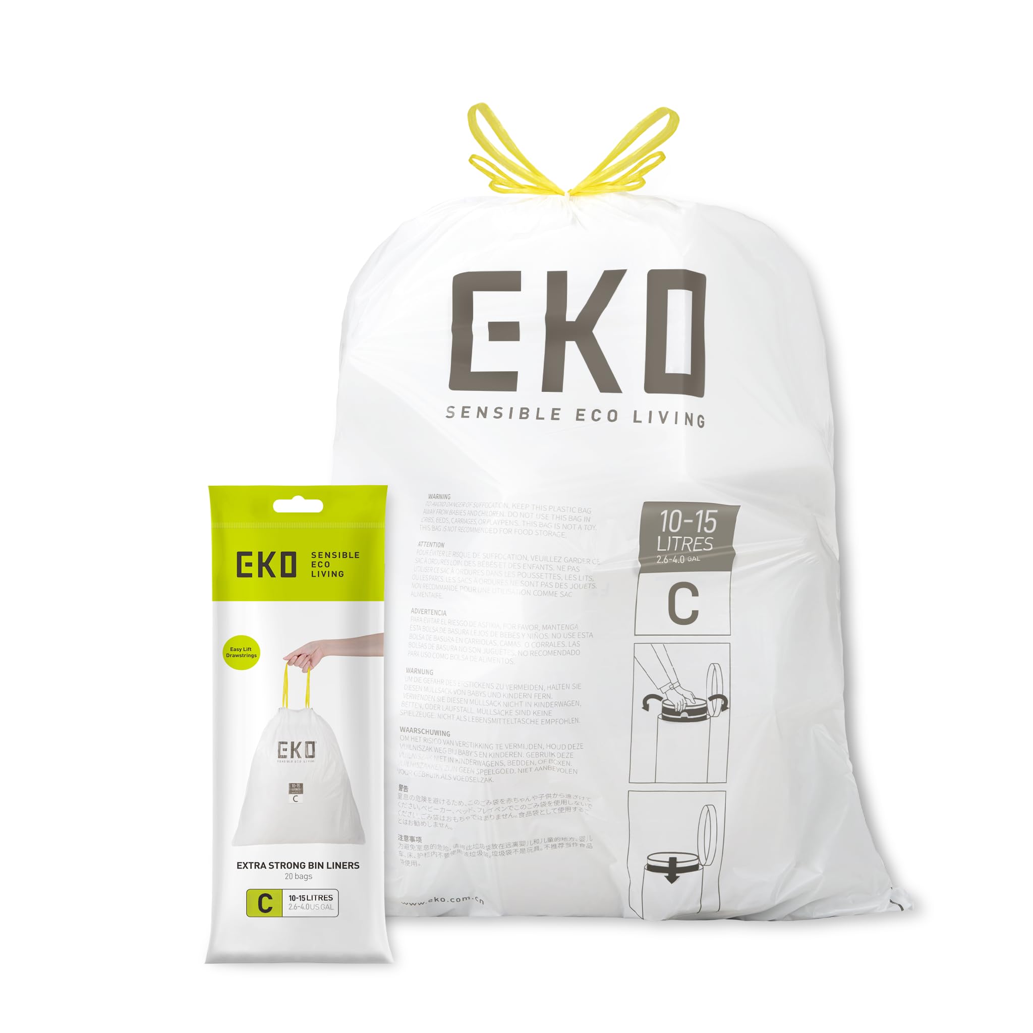 EKO Bin Bags, Kitchen Bin Liners, Drawstring, 10-15 Litre, 20 Count, Code C
