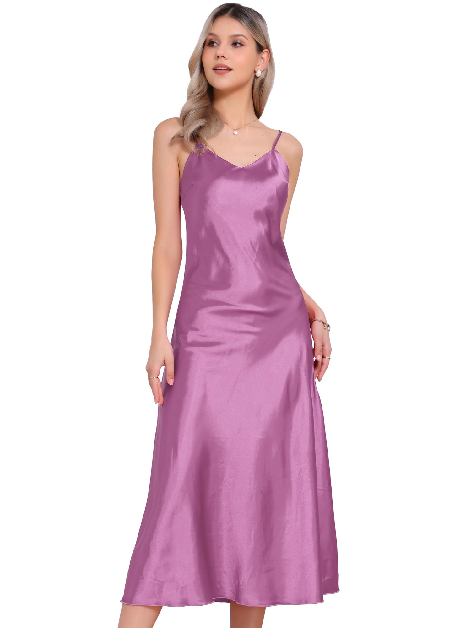 Allegra K Satin Long Dresses for Women Spaghetti Strap Silky Maxi Dress