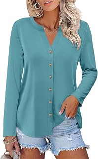 ORANDESIGNE Camicie da donna a maniche lunghe con bottoni, tuniche autunnali da donna con scollo a V