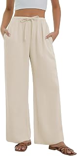 Women's Linen Trousers Summer Casual Fashion Fluid Trousers Cotton Chic Elastic Waist Beach Pants with Pockets