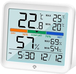 NOKLEAD Indoor Hygrometer Thermometer, Large Display Humidity Monitor | 9cm LCD Backlight Screen with Clock, Temperature & Humidity Monitor, Max/Min Records, Calibration and Comfort Indicator