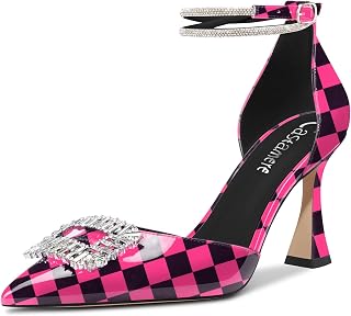 Castamere Women's High Chunky Wide Heel Ankle Strap Diamond Crystal Pointed Toe Pumps 8.5 CM Heels