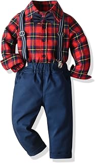 Volunboy Baby Boy Gentleman Costume, Bow Tie Plaid Shirt + Trousers Set of 4, Red / Blue