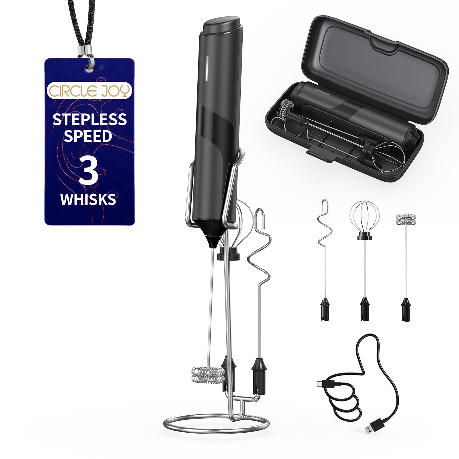 CIRCLE JOY Electric Milk Frother with Variable Speed & 3 Detachable Whisks