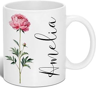 Custom Coffee Mug Personalized Birth Flower & Name Coffee Cup Birthday Gift | 11oz Large Ceramic Pretty Floral Cute Tea Mugs Gift for Women Girls Mom Wife Grandma Daughter Sister Coworker Best Friend