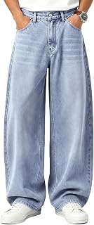 Runcati Mens Wide Leg Denim Jeans with Pockets