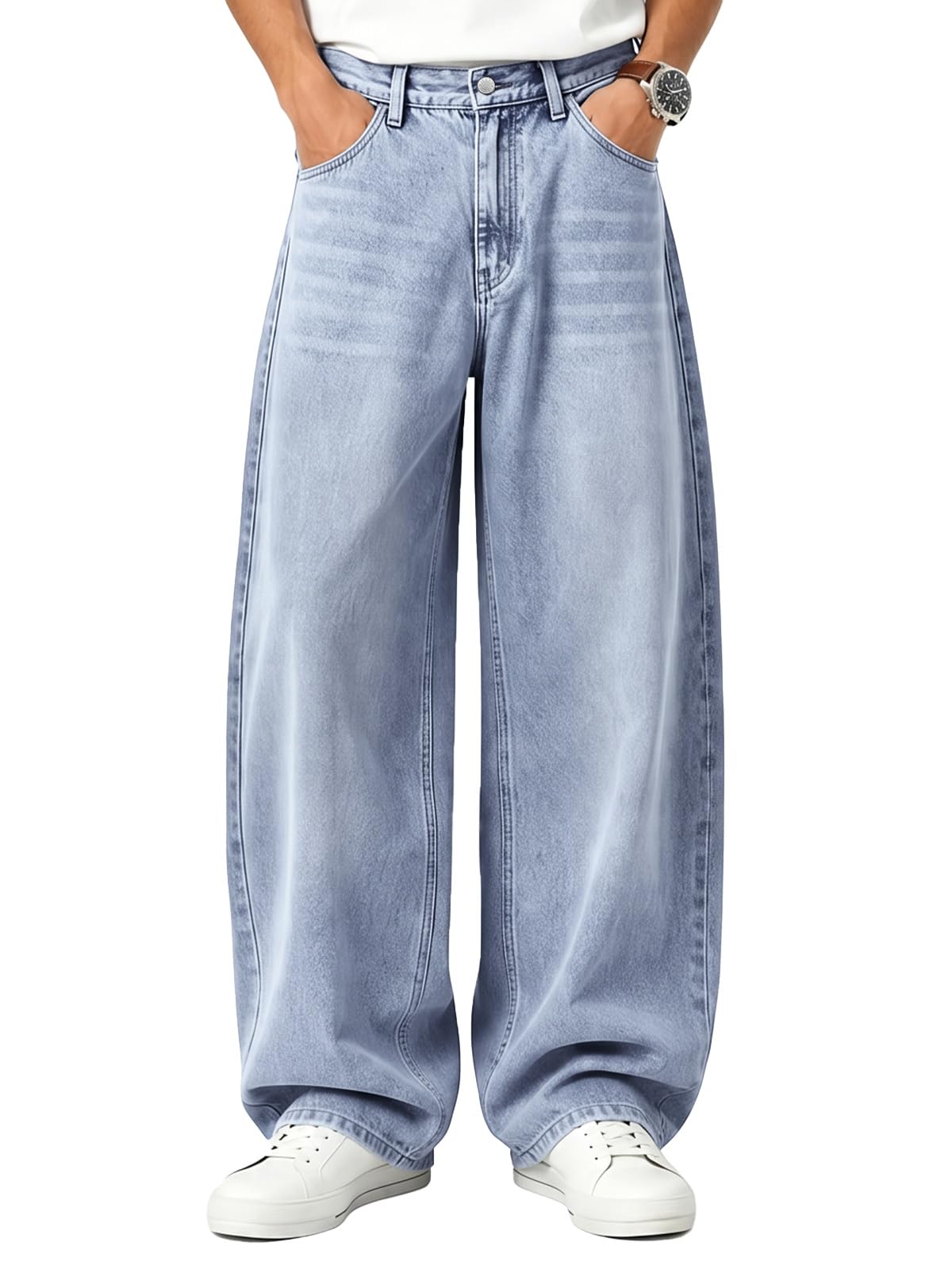 Runcati Mens Wide Leg Denim Jeans with Pockets