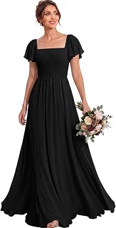MisShow Women's Flutter Sleeves Bridesmaid Dresses Square Neck Chiffon Maxi Dress A Line Formal Evening Gown