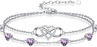 Infinity Heart Birthstone Charm Link Anklets/Bracelets for Women 925 Sterling Silver Adjustable Anniversary Birthday Gifts Mother's Day Jewelry Gift for Mom Women Wife Her Friends