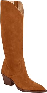 Coutgo Botas vaqueras de pantorrilla ancha para mujer, de gamuza, hasta la rodilla, tacón grueso, punta puntiaguda, botas vaqueras occidentales