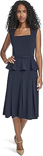 Calvin Klein Womens Cap Sleeve Square Neck Belted Scuba Crepe Peplum Midi DressDress