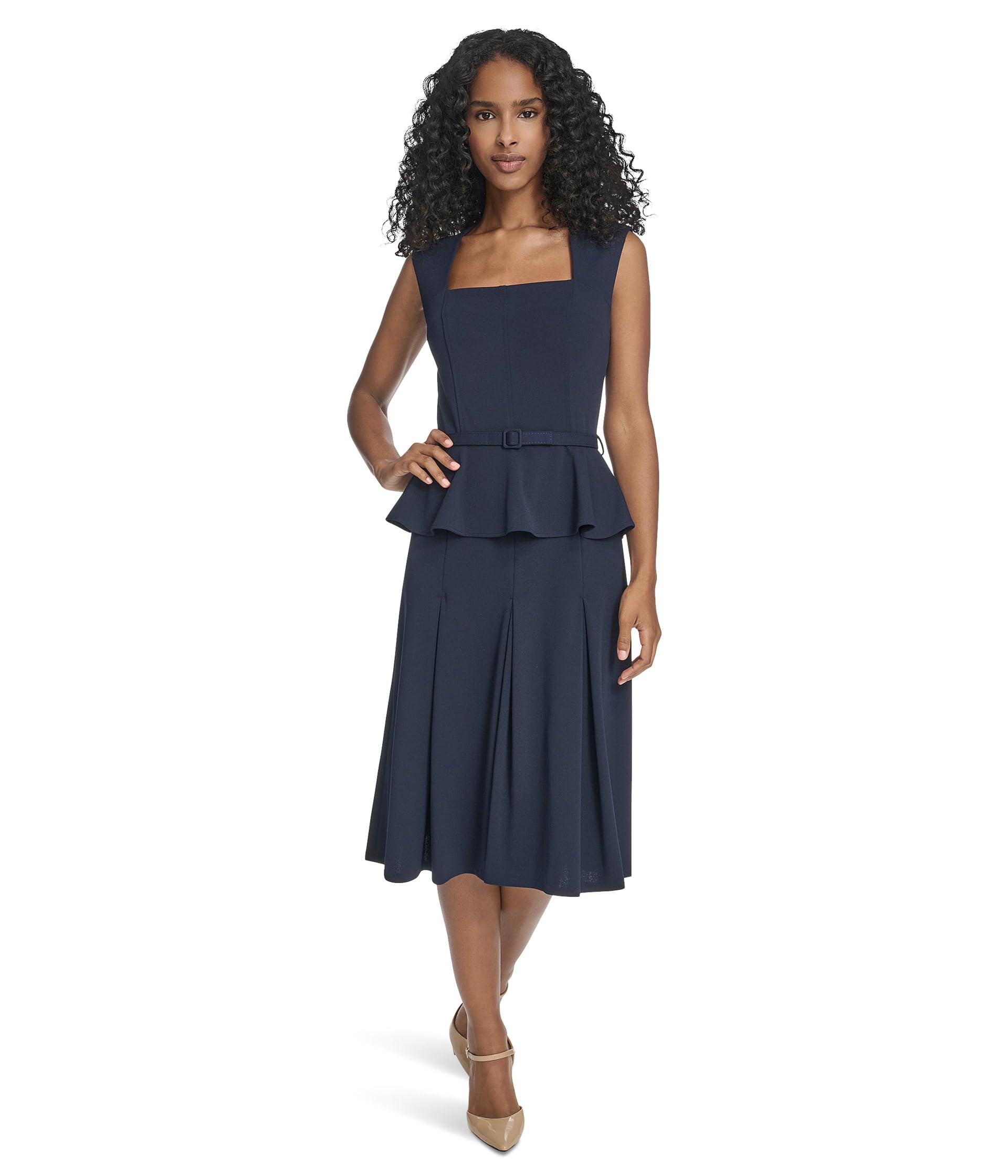 Calvin Klein Womens Cap Sleeve Square Neck Belted Scuba Crepe Peplum Midi DressD