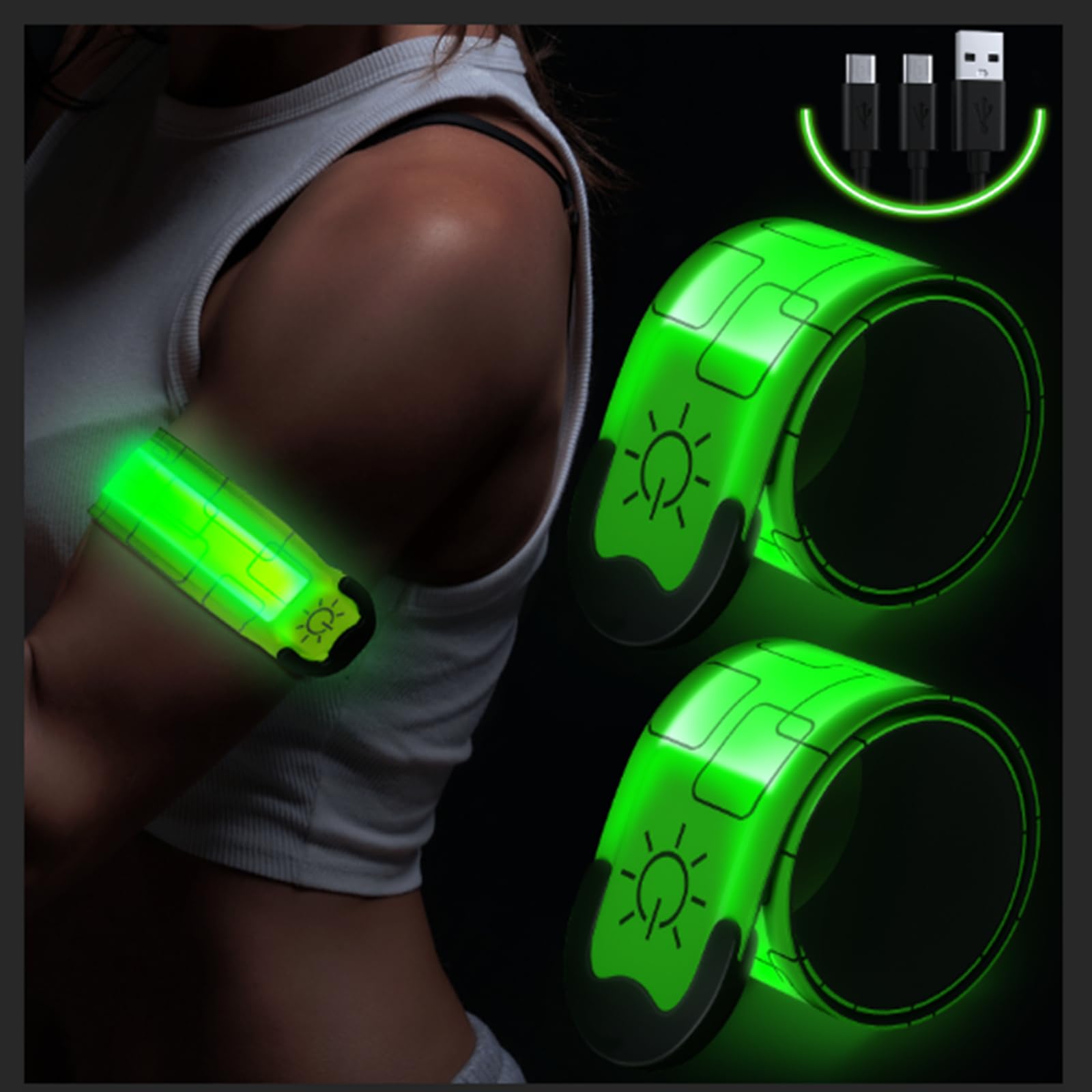 Simket LED Armbands Rechargeable 2 Pack – High-Vis Reflective Running Lights, IP