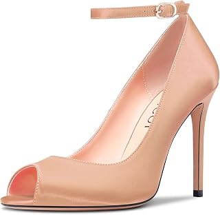 Aachcol Women's High Heel Pumps with Open Toe Ankle Strap, Dress Shoes, Wedding Party, Satin 10 cm