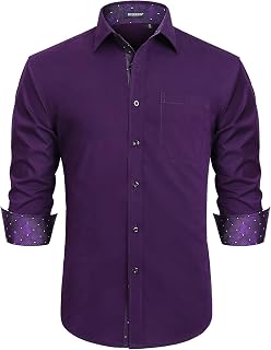 HISDERN - Men's Formal Casual Shirt Long Sleeve Cotton Classic Regular Fit