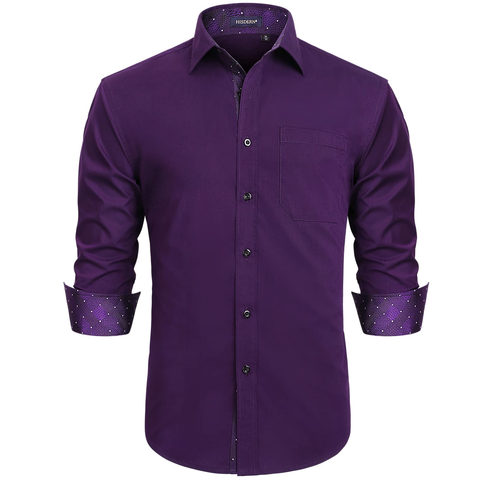 HISDERN - Men's Formal Casual Shirt Long Sleeve Cotton Classic Regular Fit