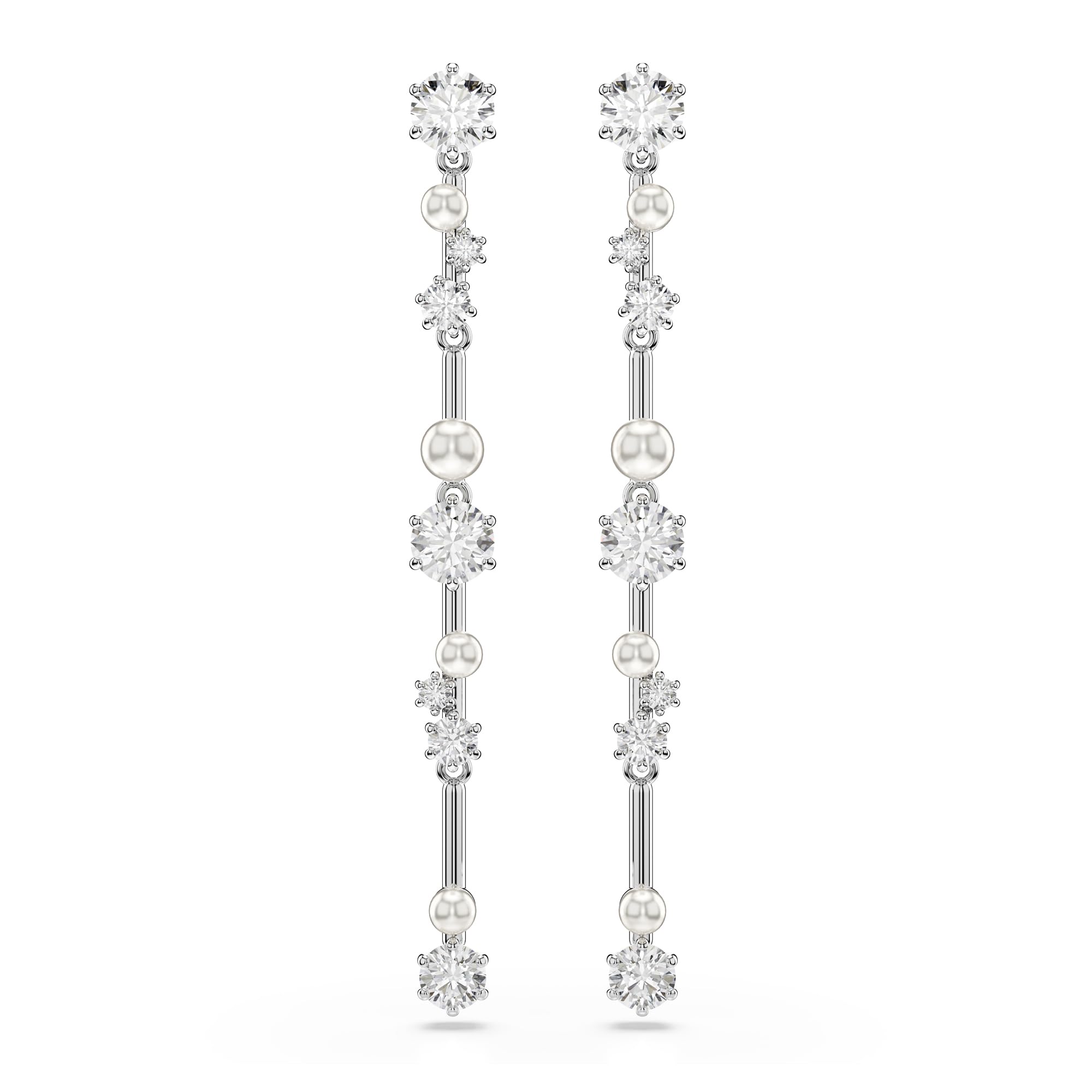 Swarovski Constella drop earrings, Crystal pearl, Round cuts, clear, Rhodium fin