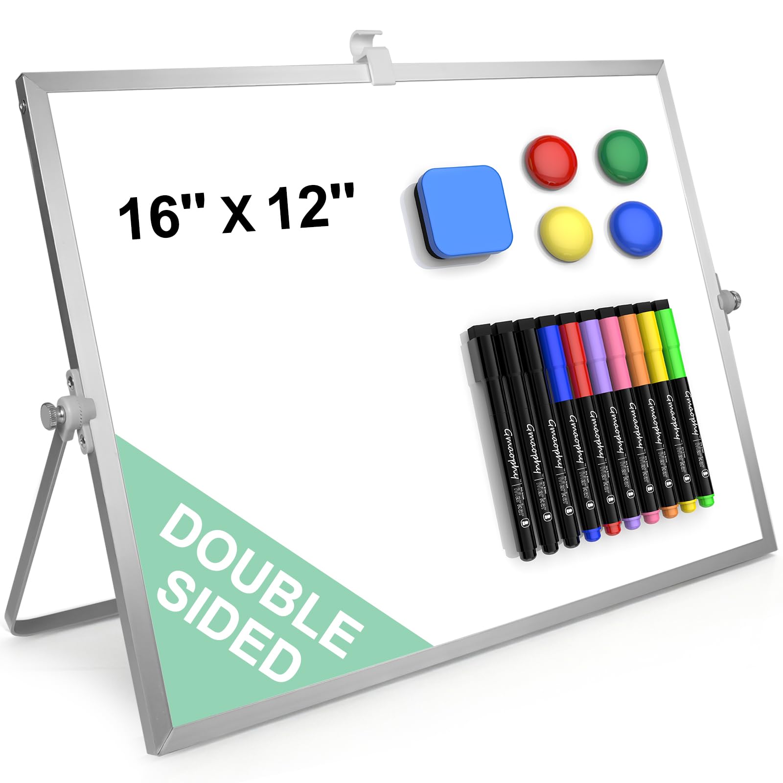 Dry Erase White Board with Stand, 16"x12" Double-Sided Magnetic Whiteboard | Dry