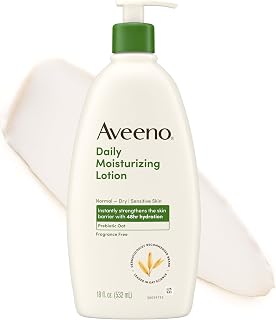 Aveeno Daily Moisturizing Body Lotion, Fragrance-Free, 18 fl. oz | Daily Moisturizing Body Lotion for Normal to Dry Skin, Soothing Prebiotic Oat, Non-Greasy Formula, Non-Comedogenic