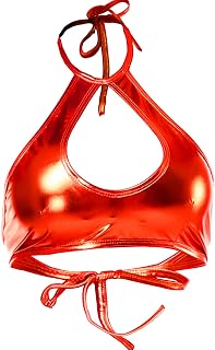 Yevin Shiny Metallic Rave Tops for Women Sexy Wet Look Leather Bra Halter Strap Outfit Crop Tops