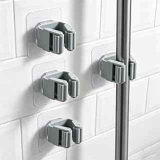 Broom Holder Wall Mounted, 4 Pieces Wall Mounted, No-Drill Mop and Broom Holder Set, Durable Plastic Mop Holder Clips and Broom Hooks for Home, Kitchen, Bathroom (No Screws/Self Installation)