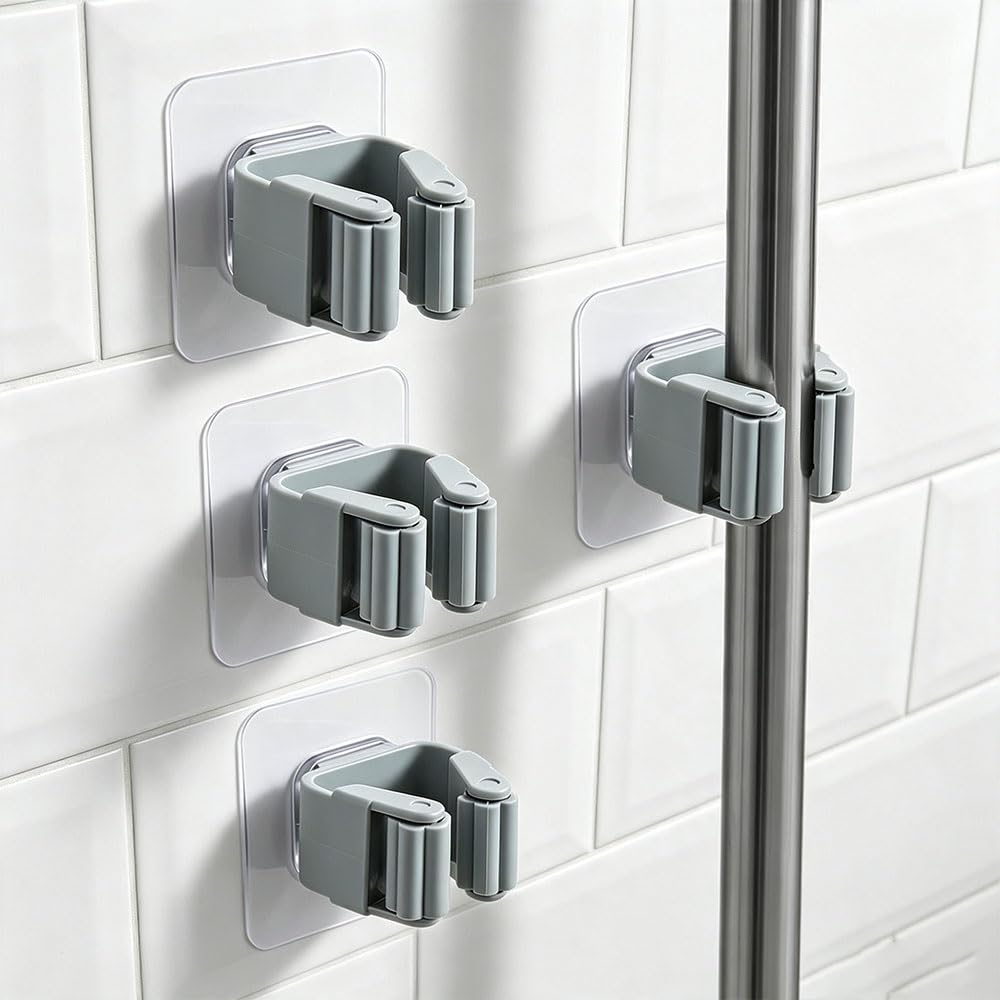 Broom Holder Wall Mounted, 4 Pieces Wall Mounted, No-Drill Mop and Broom Holder 