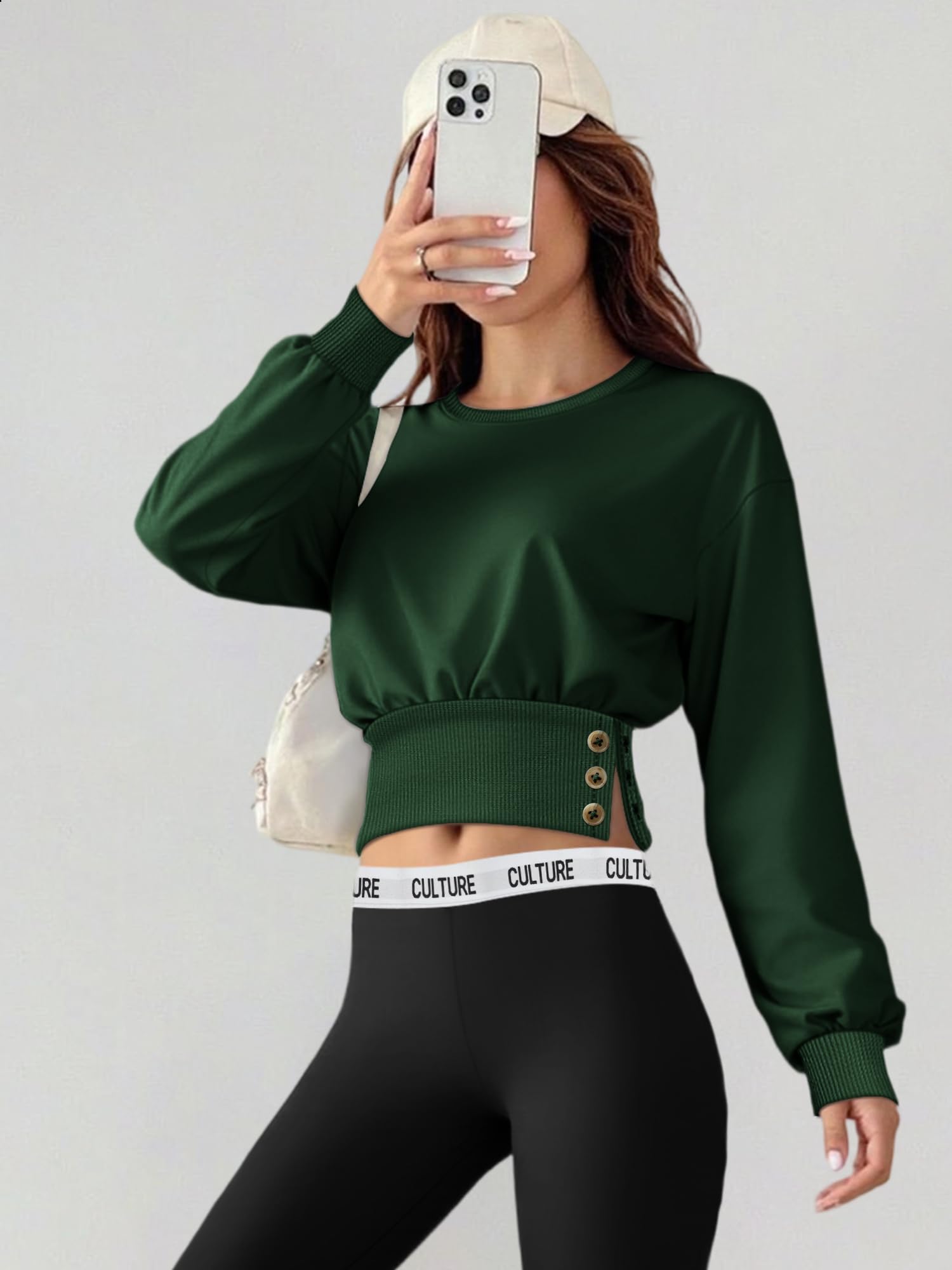 Womens Green Long Sleeve Round Neck Crop Top Sweatshirt