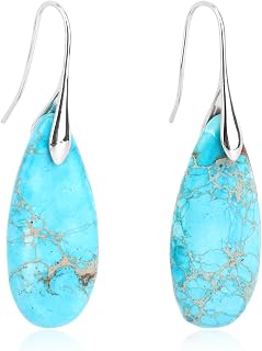 Natural Stone Earrings, Fishhoop Dangle Drop Earrings Trendy Lightweight Waterdrop Statement Stone Jewelry for Women Birthday Gift (Turquoise Blue, Silver)