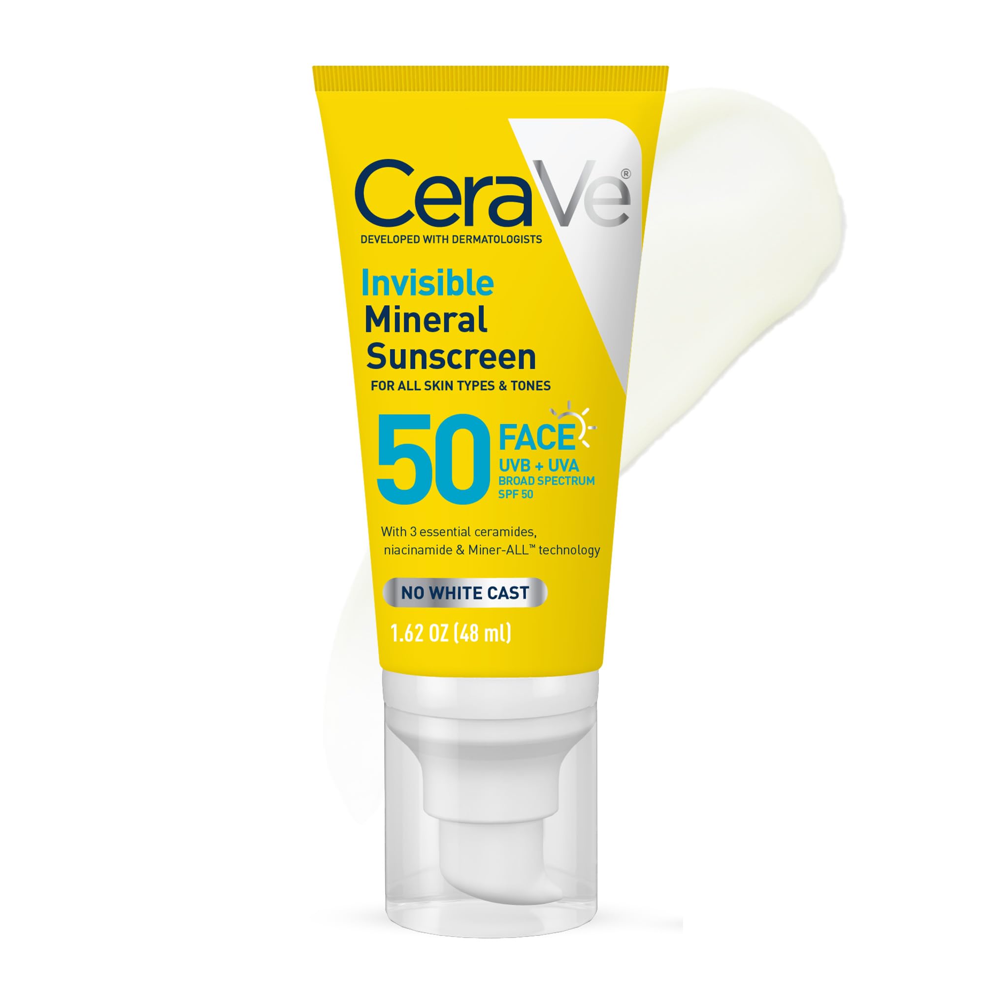 CeraVe Invisible Mineral Sunscreen SPF 50, Face Sunscreen, 1.62oz | Skincare for