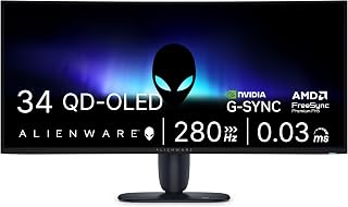 Alienware 34 Gaming Monitor AW3426DW, UWQHD QD-OLED, 280Hz, 0.03ms, G-SYNC | DisplayHDR True Black 500, 1,500,000:1 Contrast, 99% DCI-P3, USB-C 15W, 2 HDMI 2.1, 1 DP 1.4, VESA 100x100