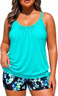 Holipick Women Plus Size Two Piece Tankini Swimsuit Tummy Control Bathing Suits Blouson Tankini Top with Boy Shorts
