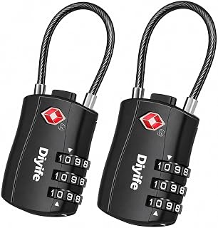 Diyife TSA Approved Luggage Locks with Flexible Steel Cable, Easy to Set up | 3-Digit Combination Suitcase Locks, Small Padlocks with Code for Travel, Bag, Backpack, Zinc Alloy Body (Black, 2 Pack)