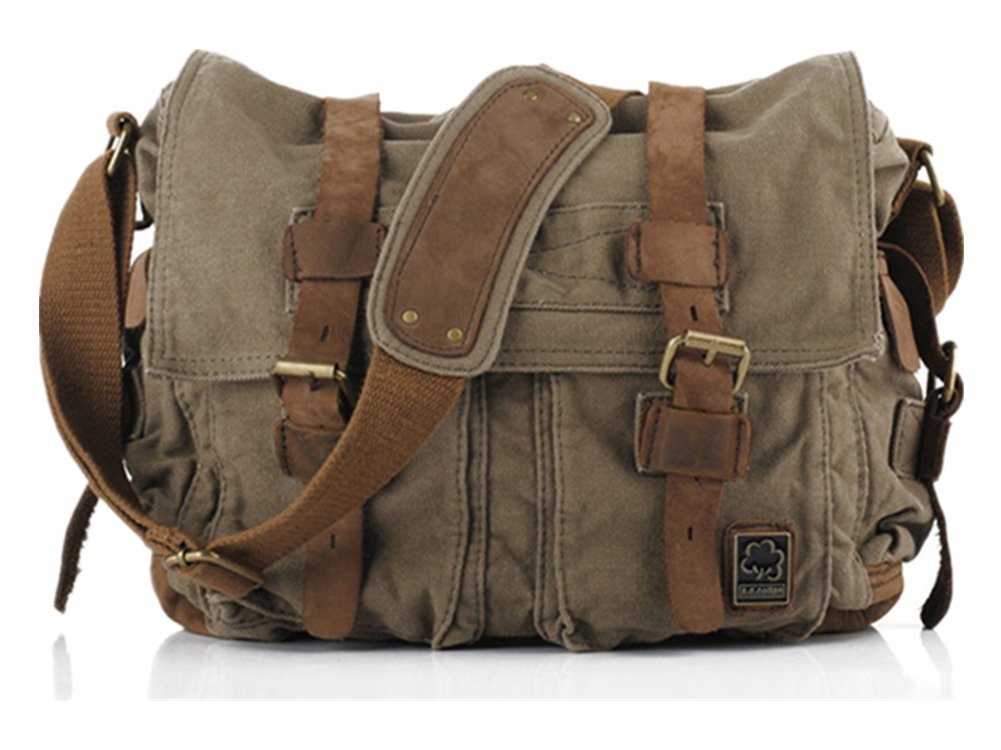 Sechunk Vintage Military Leather Canvas Laptop Bag Messenger Bags Medium