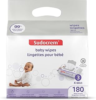 Sudocrem Pure Water Wipes, Unscented - 180 Count (3 Packs of 60) | Hypoallergenic, Plant-Based Baby Wipes, 99% Water, Extra Strong and Ultra Soft