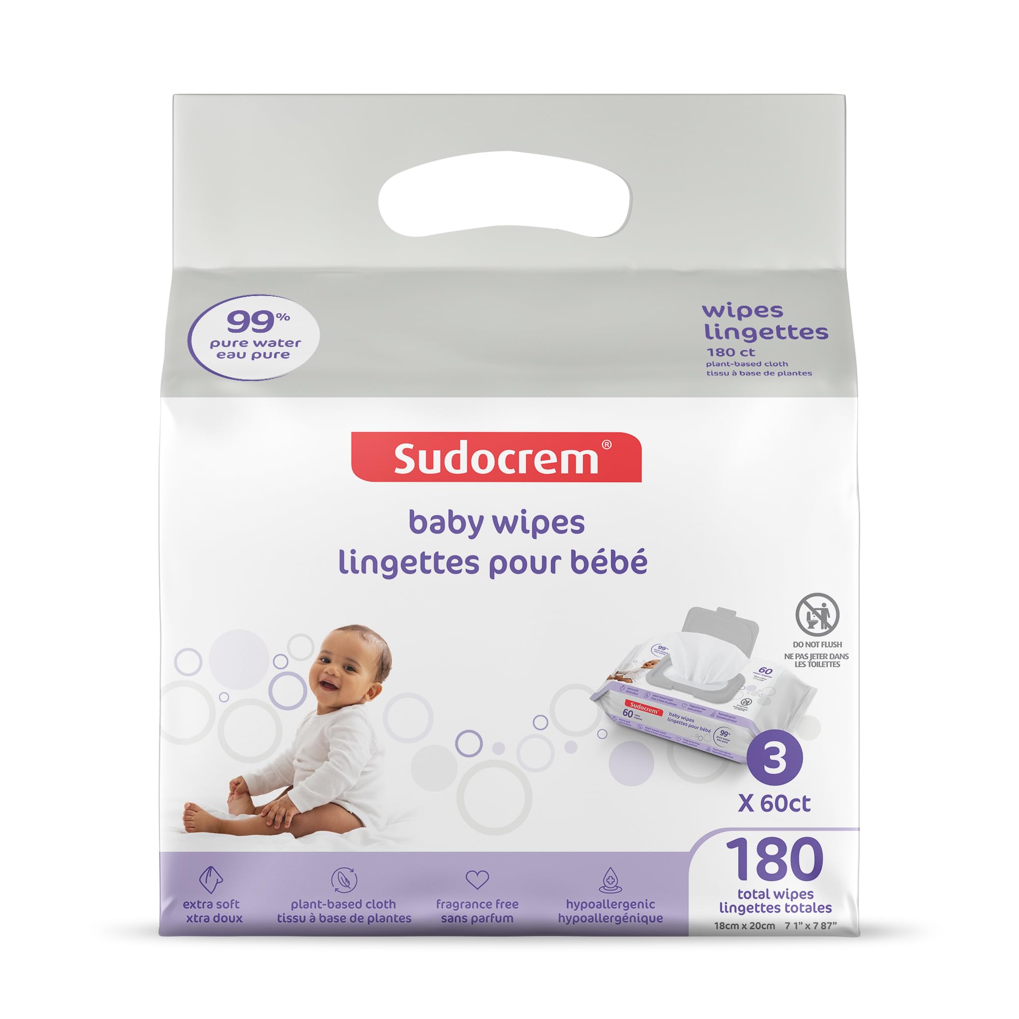 Sudocrem Pure Water Wipes, Unscented - 180 Count (3 Packs of 60) | Hypoallergeni
