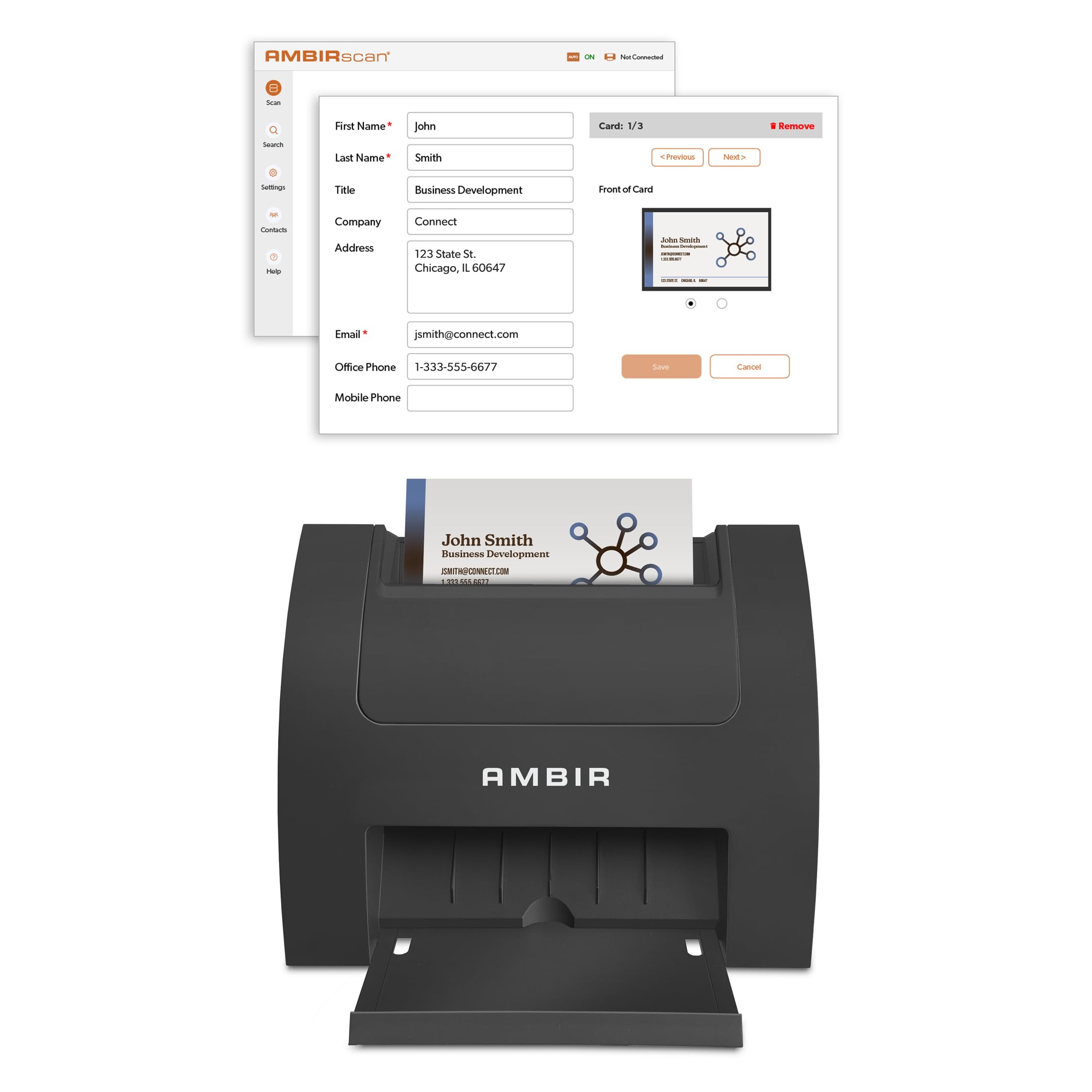 AMBIR Business Card Scanner PS670ST-BCS High Speed Single Sided Vertical USB Pow