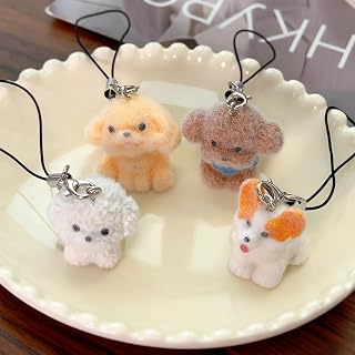 4pcs/set Cute Flocking Dog Keychain Cell Phone Lanyard Hanging Pendant Phone Puppy Charm Decoration DIY Gift