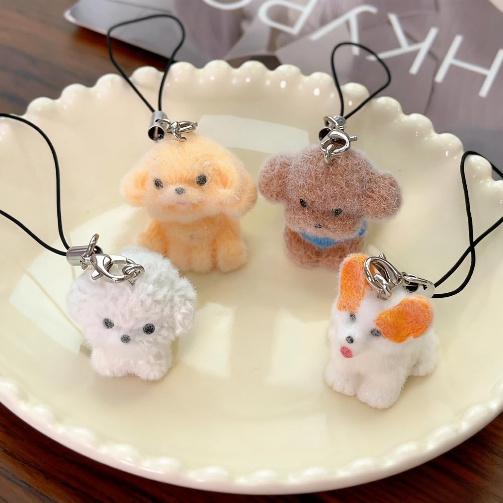 4pcs/set Cute Flocking Dog Keychain Cell Phone Lanyard Hanging Pendant Phone Pup