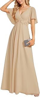 Ever-Pretty Women's Spring Short Sleeve Bridesmaid Dresses V-Neck Chiffon Ruched Empire Waist Appliques Long Formal Dress