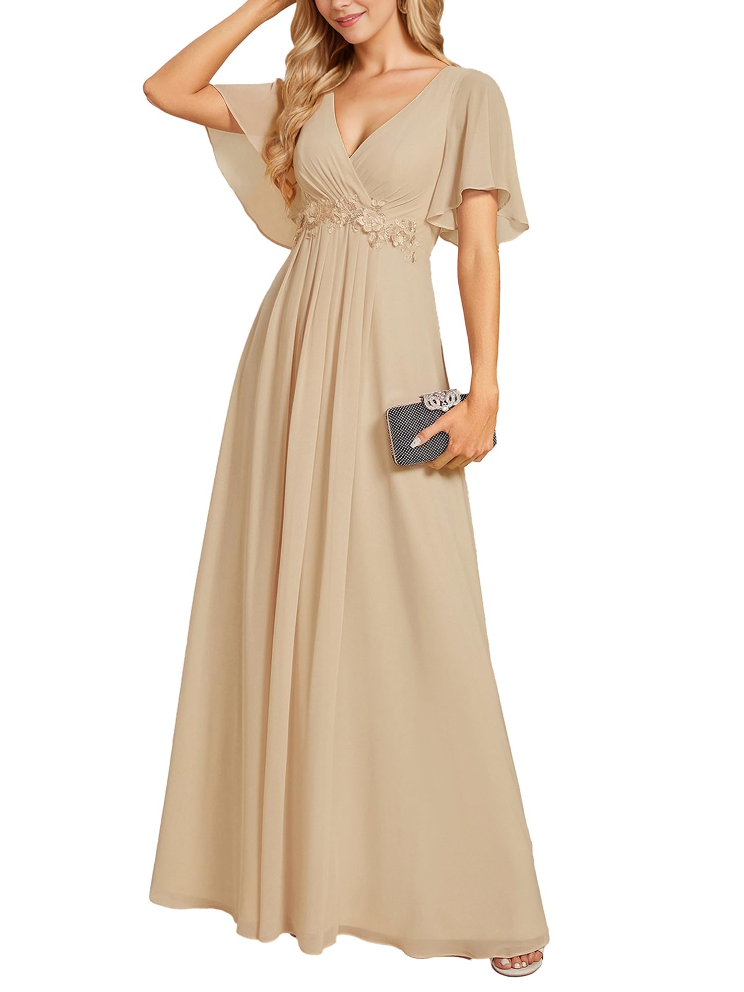Ever-Pretty Women's Spring Short Sleeve Bridesmaid Dresses V-Neck Chiffon Ruched