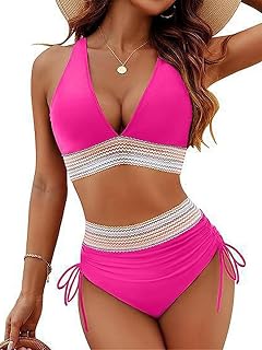 Womens Two Piece Bikini Set High Waist V Neck Tummy Control Drawstring Bathing Suit
