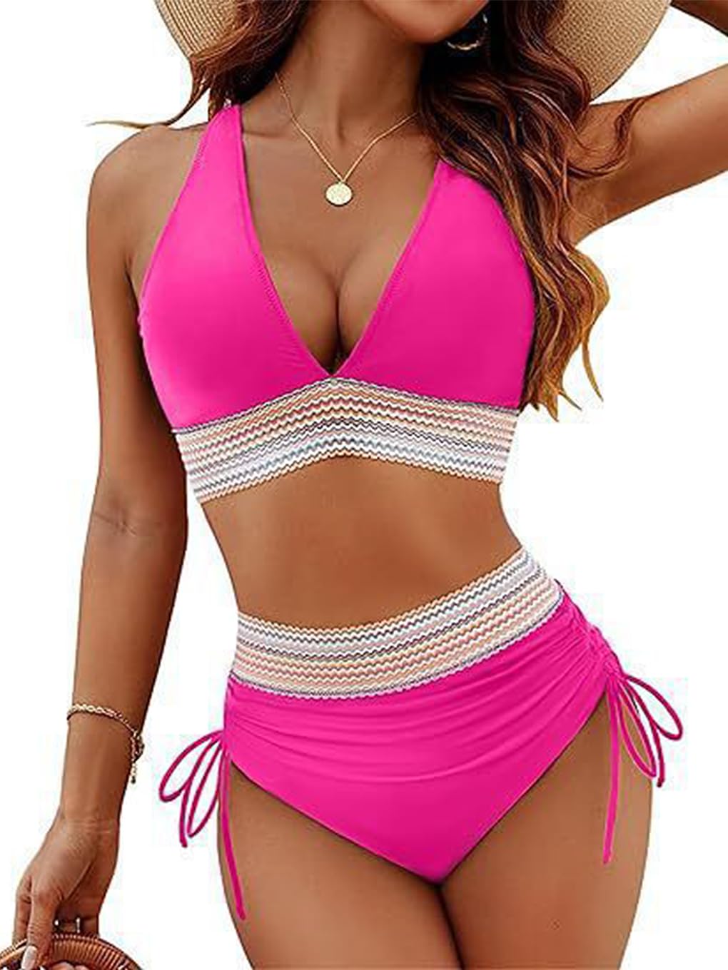 Womens Two Piece Bikini Set High Waist V Neck Tummy Control Drawstring Bathing S