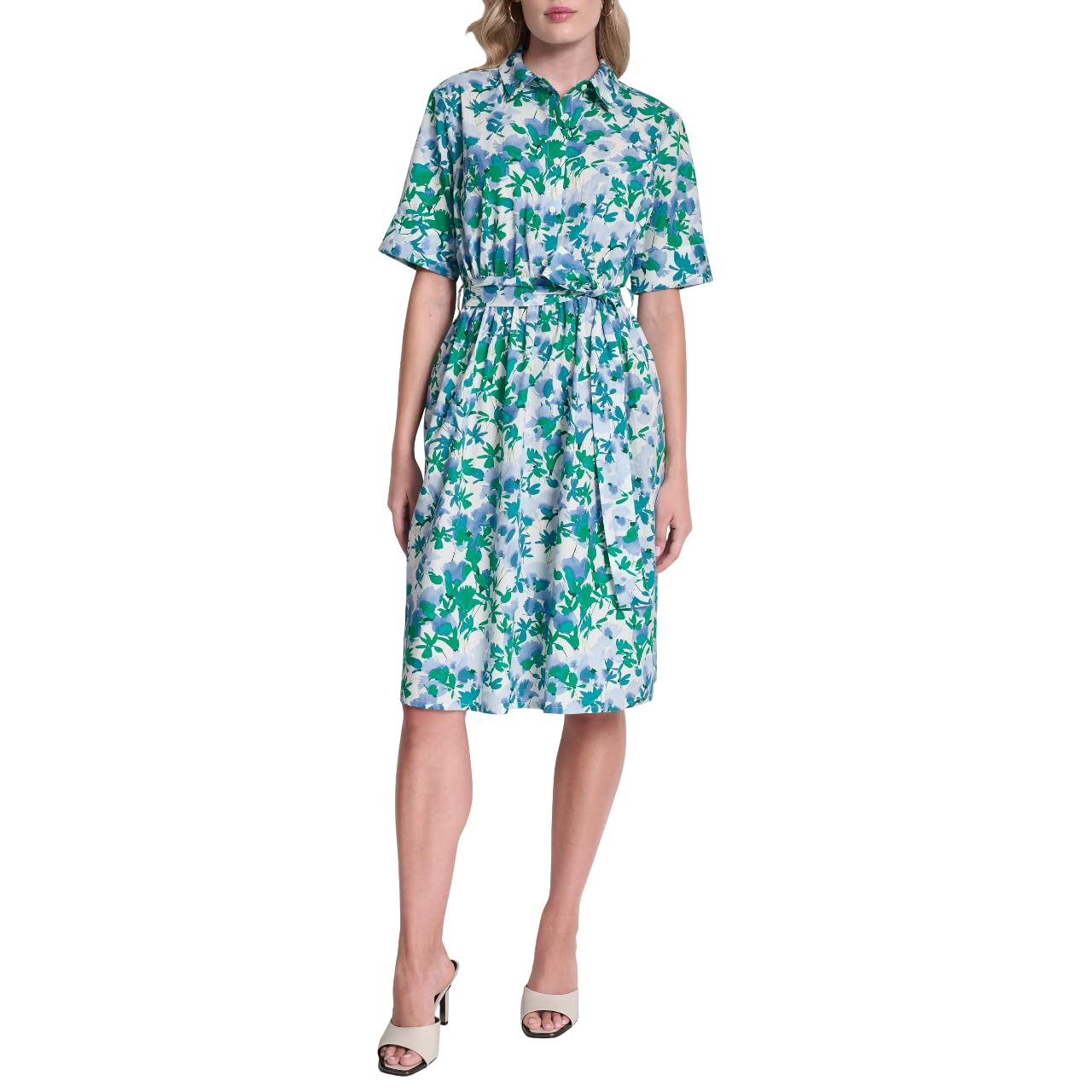 DKNY Womens 3/4 Sleeve Collared Neck Cotton Poplin Shirt Dress