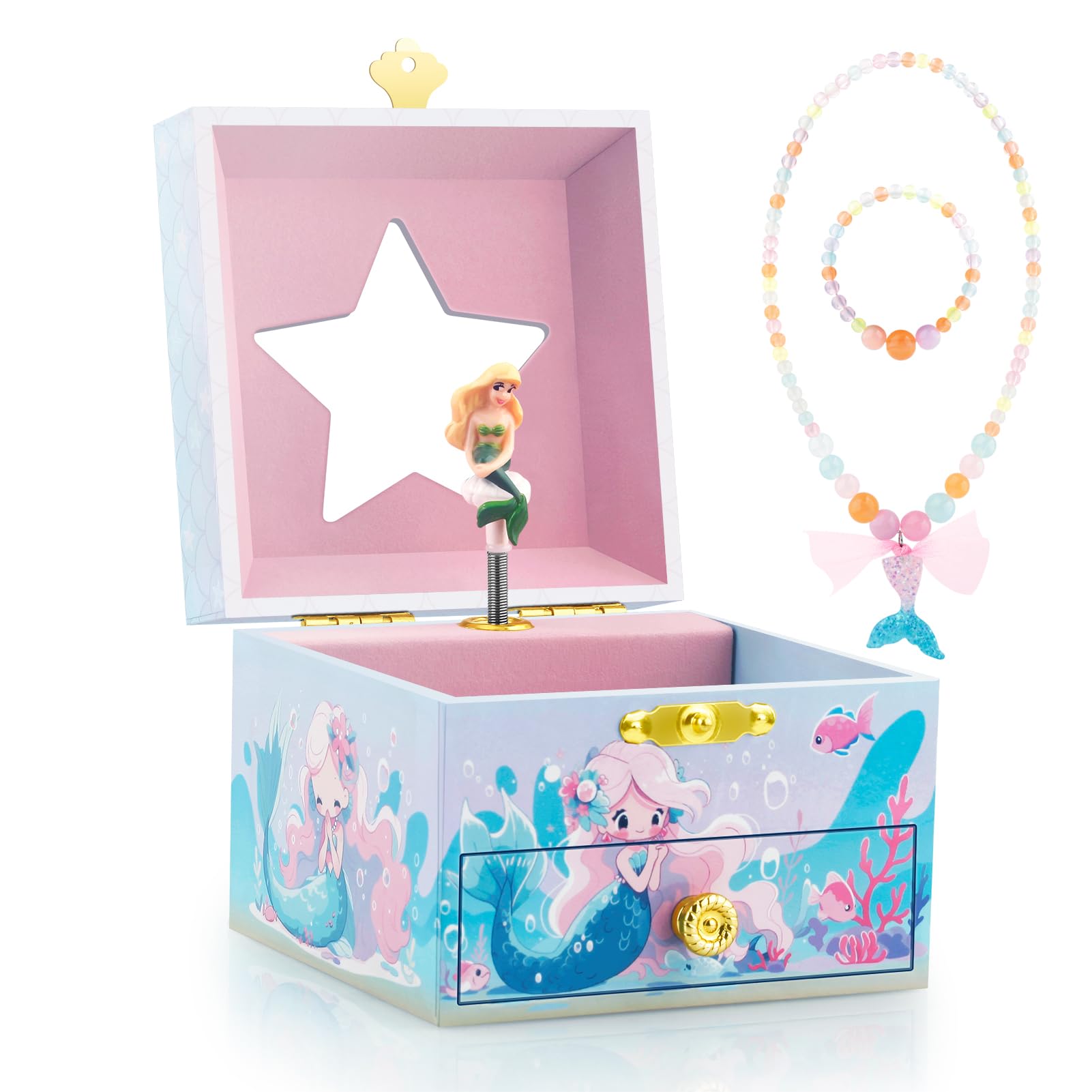 Kids Musical Jewelry Box for Girls and Pretty Jewelry Set Blue | Cute Mermaid Th
