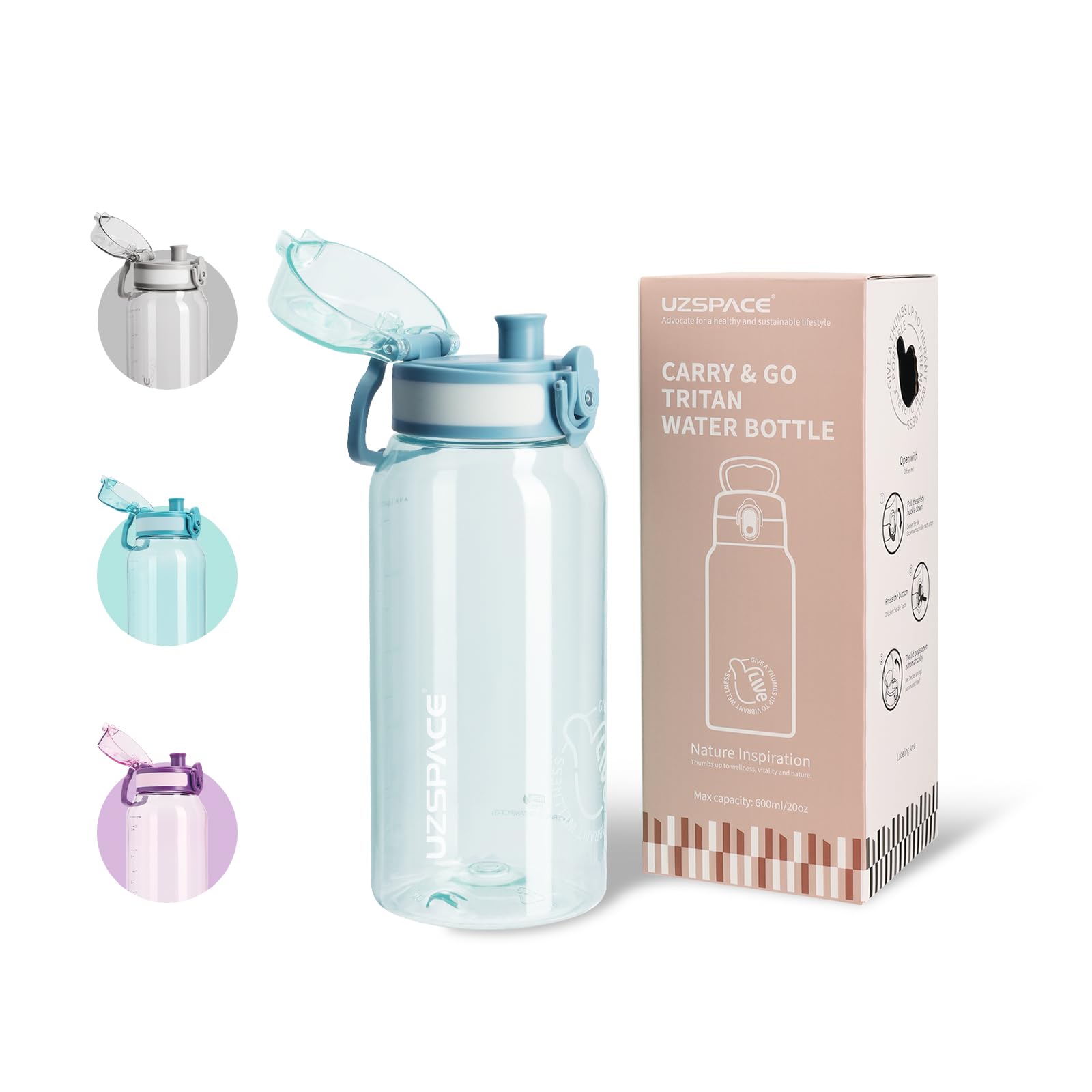 UZSPACE Water Bottle Dishwasher Safe, Tritan 600ml Misty Blue