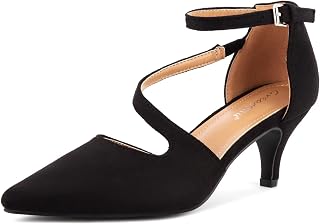 Greatonu Women Pumps Kitten Heel Strappy Cross Pointed Pumps