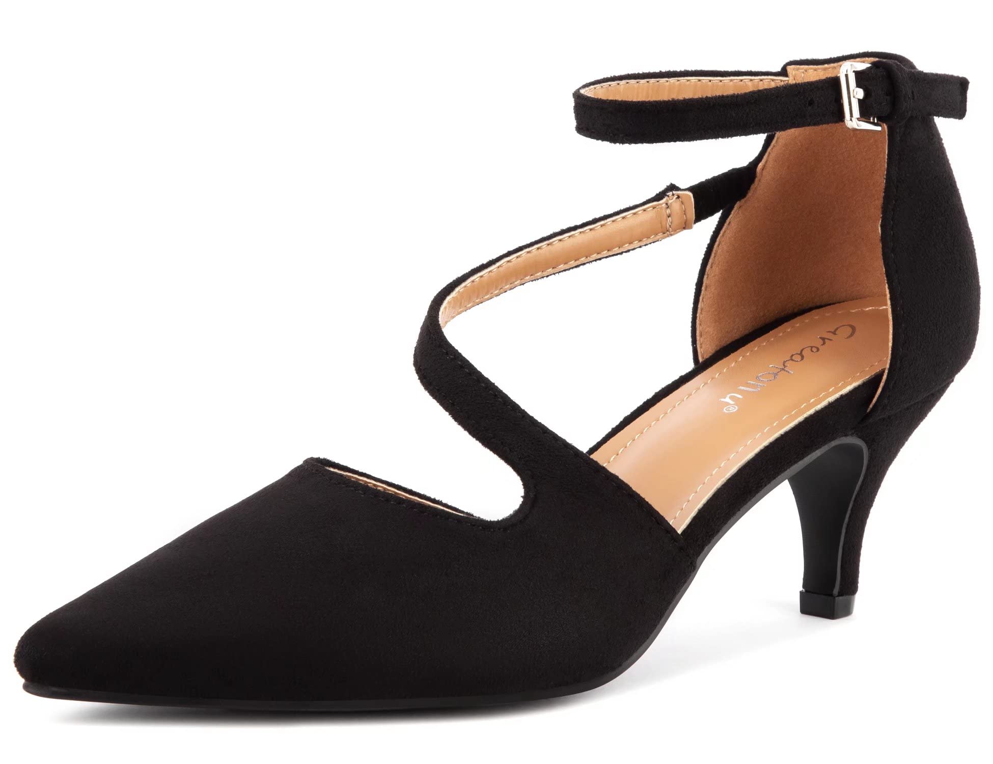 Greatonu Women Pumps Kitten Heel Strappy Cross Pointed Pumps