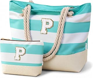 Vavabox Initial Beach Tote Bag for Women, Water-resistant Gifts for Women